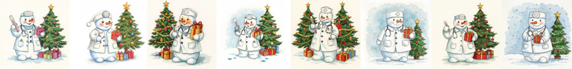 Set of delicate watercolor illustrations of a snowman in the image of a doctor in a medical gown with a thermometer and a gift in his hand next to a Christmas tree on a white background