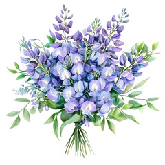 Wisteria bouquet watercolor illustration featuring delicate purple flowers and lush green leaves, perfect for wedding themes and floral designs