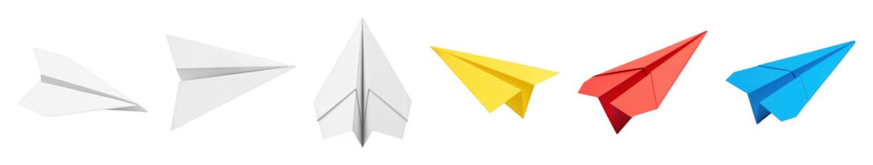 Paper airplane set including white, yellow, red, and blue models in various folds isolated. Communication and journey concepts.