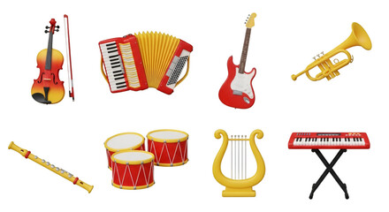 Collection of Colorful Musical Instruments on Black Background