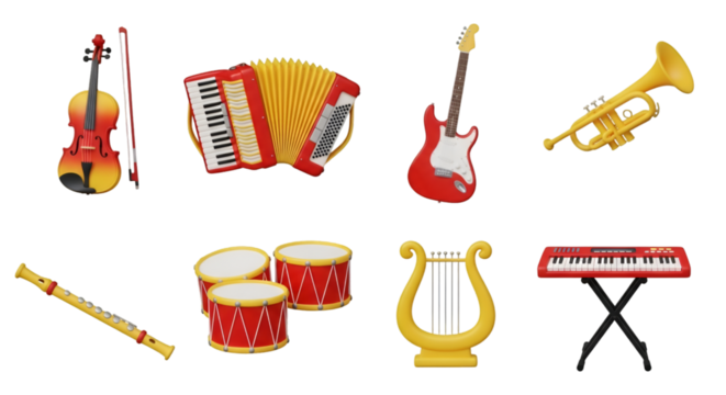 Collection of Colorful Musical Instruments on Black Background