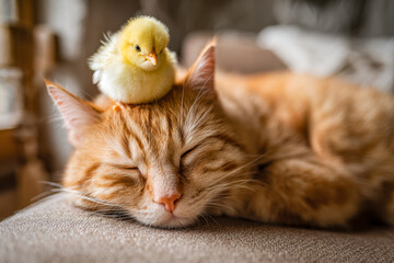 Sleepy orange tabby cat resting peacefully on a soft surface with a small yellow chick perched gently on its head in a cozy indoor setting