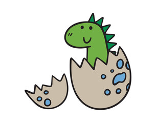 Cute dinosaur or dino hatches from broken egg. Cartoon green hand drawn doodle cute dinosaur simple childish sketch style. dinosaur icon, print design for baby, kids