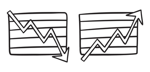 infographic chart fall and rise business up and down arrow icon doodle hand drawn. Outline line drawing clipart symbol business bust and boom  © Yanka
