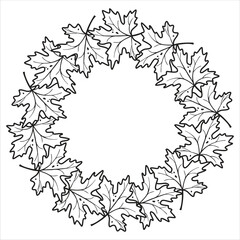 Maple leaf frame line art. Round shape border with graphic plants. Black outline wreath on white background. Print on fabric and paper. Floral composition with copy space. Vector design.