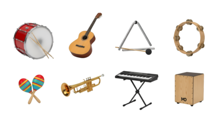 Assortment of Musical Instruments on Black Background