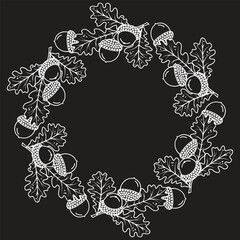 Line art frame of acorns and oak leaves. Floral wreath of graphic plants. White outline on gray background. Border with copy space. Print on fabric and paper. Vector design for autumn season.