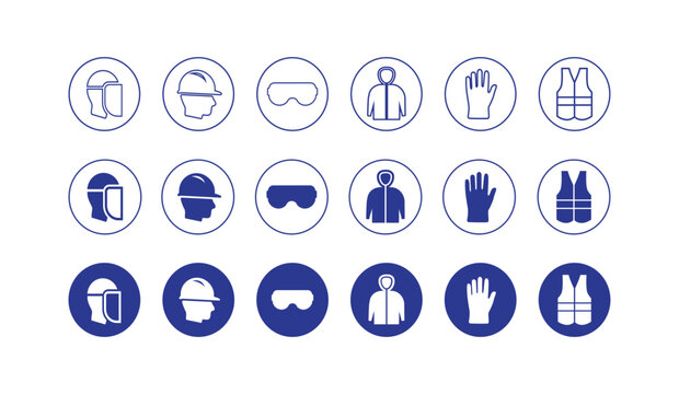PPE personal protective equipment vector icon set with Blue outline style, silhouette version for industrial safety, protective gear, hazard prevention icons based on OSHA norms	