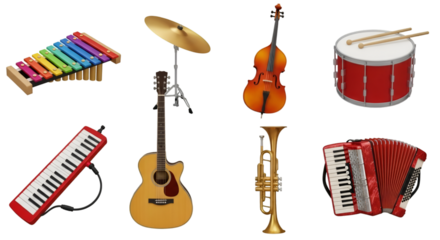 Assortment of Musical Instruments on Black Background