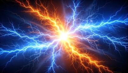 Vivid image showing two lightning bolts, one orange & the other blue, converging to a bright, central point. The background is dark