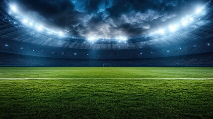 Empty football stadium at night under dramatic sky
