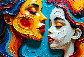 a beautiful portrait of a mother and daughter becomes a whimsical, fluid tale of their dear bond. Oil Painting © Ahsan Ali