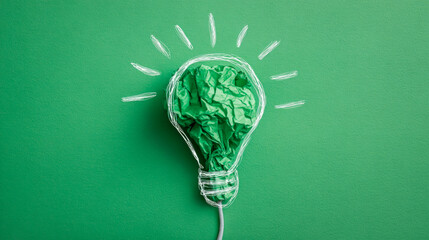 Creative concept depicting a green crumpled paper inside a sketched lightbulb symbolizing innovative eco-friendly ideas and sustainable energy solutions on green background