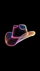 Neon-colored cowboy hat, seemingly made of light or energy, floats against a stark black background.  The hat is vibrant and detailed