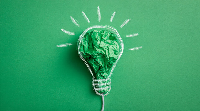 Creative concept depicting a green crumpled paper inside a sketched lightbulb symbolizing innovative eco-friendly ideas and sustainable energy solutions on green background