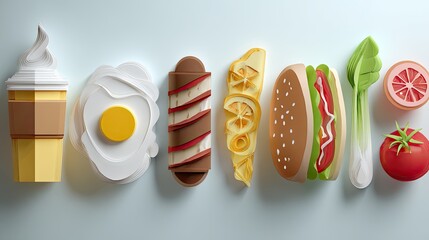 A stylized flat-lay showcasing various breakfast and brunch food items, rendered in a low-poly 3D style against a light blue background