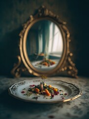 A small, ornate plate holds a delicate arrangement of colorful food garnished with edible flowers, subtly reflecting in an antique mirror behind it