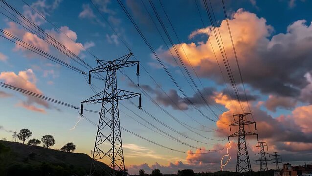 Worldwide energy shortage notion. Escalating power expenses. High tension electrical transmission lines against striking sky scenery. Examining information regarding electricity and energy costs