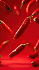 Vivid red chili peppers float against a matching backdrop, creating a dynamic and vibrant image with a shallow depth of field
