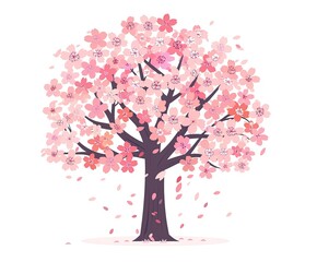 A full-bloom cherry blossom tree, pink petals falling