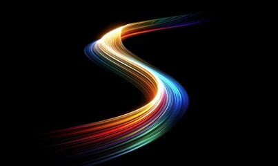 An S-shaped, vibrant, multicolored light trail curves across a pitch-black background.  The light's glow is strongest in the center, fading softly at the edges