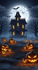 A spooky Halloween night scene showcases a grand old house, surrounded by glowing jack-o'-lanterns, under a full moon.