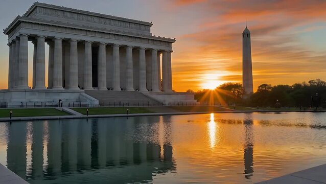 Dawn's early light illuminating renowned national obelisk and its mirror-like water feature