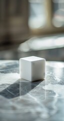 A pristine white cube rests on a polished, reflective surface, illuminated by a soft, natural light source casting a subtle shadow. The background is a blurred, out-of-focus indoor scene