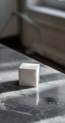 A white cube rests on a reflective, gray marble surface, bathed in sunlight streaming from a nearby window.  The background is softly blurred, showcasing a plant and bright window