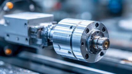 Fototapeta premium Industrial precision metalworking machine tool spinning a cylindrical part with shiny polished steel surface in a manufacturing workshop setting