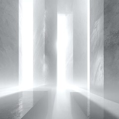 A minimalist digital rendering of a light-filled, cavernous space with tall, smooth, grey walls and a reflective floor, suggesting depth and serenity