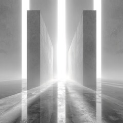 A grayscale digital rendering depicts a minimalist architectural space featuring tall, rectangular concrete pillars flanking a bright, central light source, casting reflections on a glossy floor