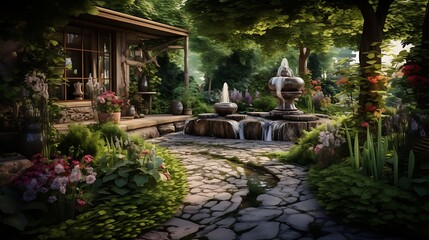 Enchanting garden escape with stone pathway, calming fountains and lush greenery surrounding