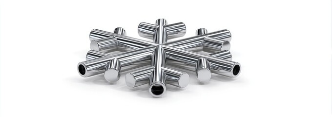 A three-dimensional metallic snowflake design, crafted from cylindrical components, rests on a stark white background. Its reflective surface captures the light, highlighting its intricate structure