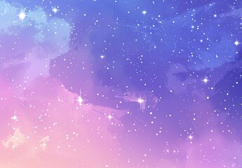 A dreamy, pastel-colored nebula with a gradient of pink and purple hues, speckled with numerous bright stars of varying sizes, creating a celestial and ethereal atmosphere