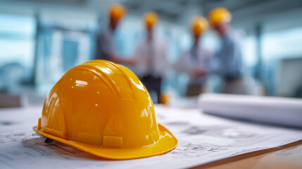 Yellow construction helmet resting on architectural blueprints with engineers discussing project plans in the modern office background during a building meeting