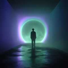 A lone figure stands silhouetted before a large, luminous, circular portal emitting soft, ethereal light in a dimly lit, possibly futuristic or otherworldly environment.  The floor reflects the light