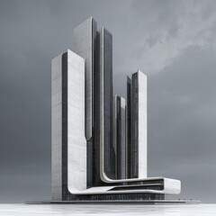 A stylized architectural rendering depicts a cluster of modern skyscrapers with sleek, curved designs, predominantly white and black, set against a muted gray sky