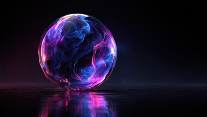 A luminous sphere, seemingly containing swirling, vibrant pink and blue energy, rests on a reflective surface against a dark background, creating a striking contrast