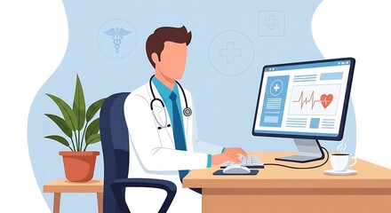 A medical professional sits at a desk, reviewing patient data on a computer screen. Light blue and neutral colors create a calm, professional atmosphere.