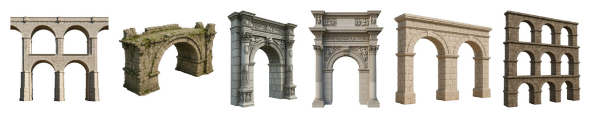 Obraz premium Stone arches set including ancient archways, weathered bridges, and ornate triumphal arch structures isolated. Architectural design and historical building collection.