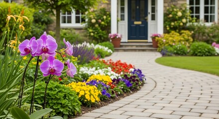 A colorful flowerbed borders a winding pathway leading to a home's front entrance, showcasing vibrant blooms and lush greenery.