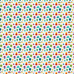 Modern geometric background. Abstract nature: forest, trees, leaves, flowers, birds, butterflies, fruits and berries. Set of icons in flat minimalist style. Seamless pattern. Vector illustration. 