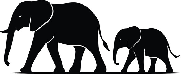 Minimal vector silhouette, elephant family in line, adult, juvenile, baby, side view, solid black shapes