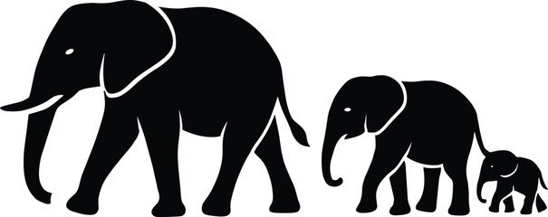 Minimal vector silhouette, elephant family in line, adult, juvenile, baby, side view, solid black shapes