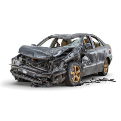 Severely Damaged Car After Accident, 3D Render of Wreckage, Isolated on White Background