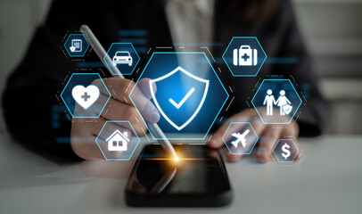 Security and insurance concept showing protection coverage for health, travel, home, car, life, and financial safety, emphasizing trust and policy assurance Latch