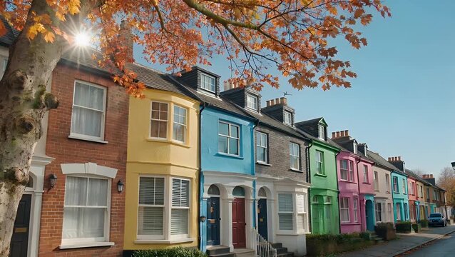 Attractive Historically Characteristic British Row Houses Illuminated by Sunlight on Clear Autumn Day
