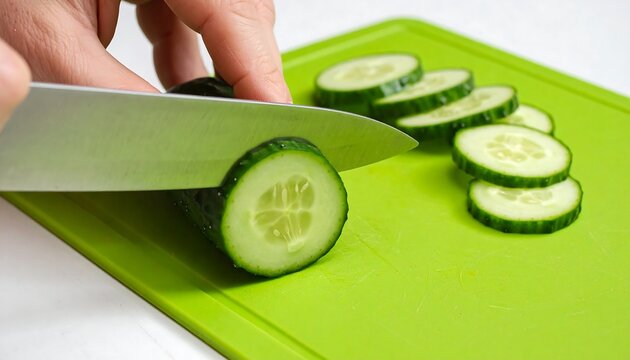 Person slicing cucumber on green cutting board.