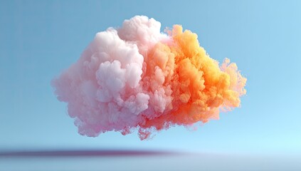 A pastel pink and orange cloud-like form floats against a light blue background, casting a subtle shadow below.  The colors blend softly, creating a dreamy, ethereal effect
